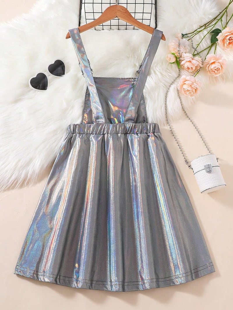 WDIRARA Girl's Metallic High Waist Overall Dress Holographic Suspender Party Flared Dresses - Image 2